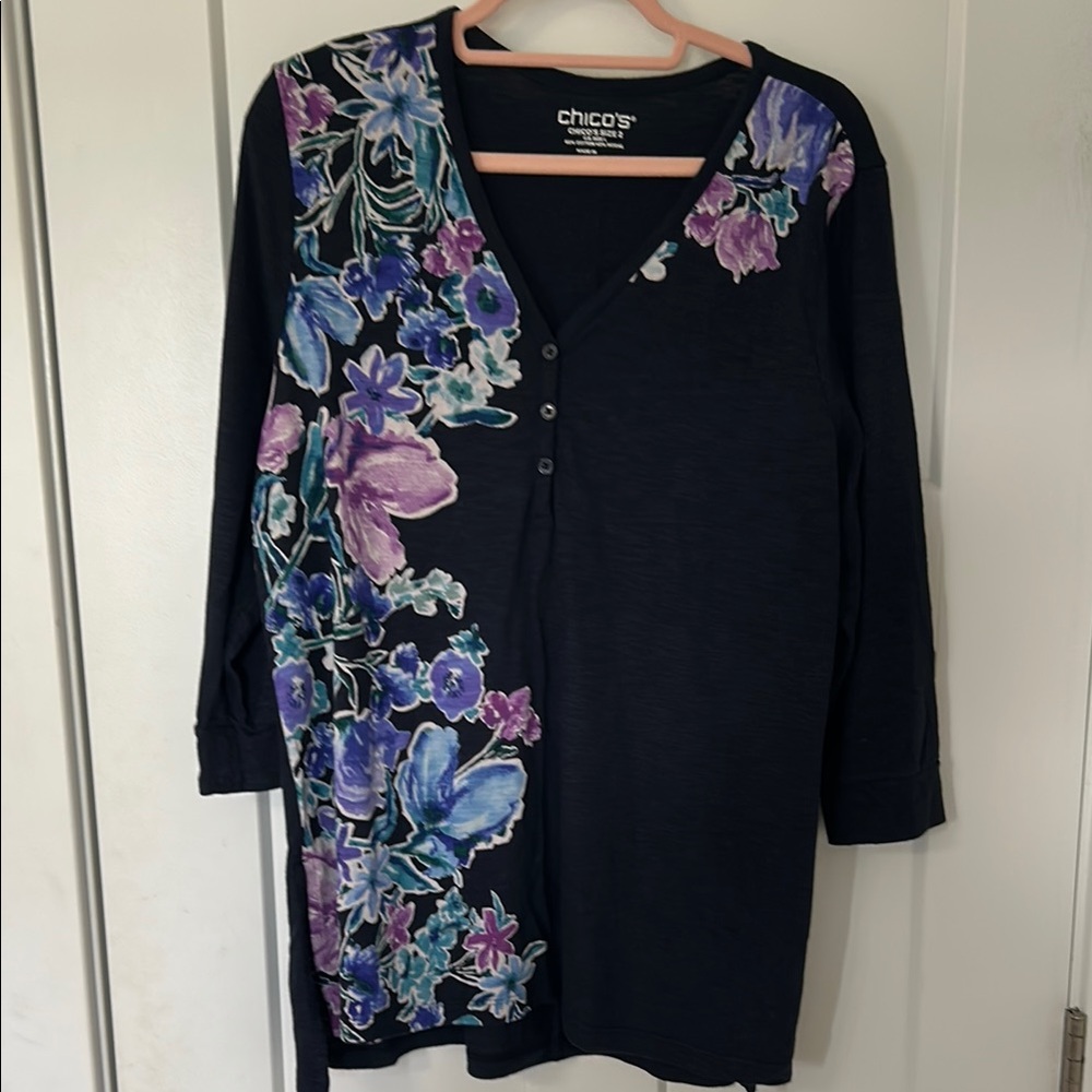 Chico's Navy Tunic with Purple Floral Design